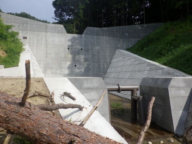 不透過型堰堤の下流に副堰堤として流木捕捉工が設置されている写真